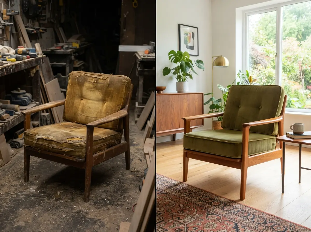 Aufgearbeiteter Mid-Century-Sessel mit olivgrünem Bezugsstoff